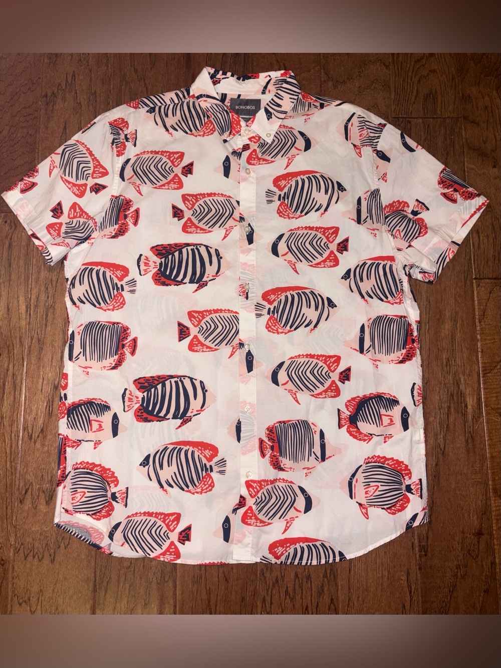 Bonobos Fish Print Short Sleeve Button Down Shirt Size XL Long
